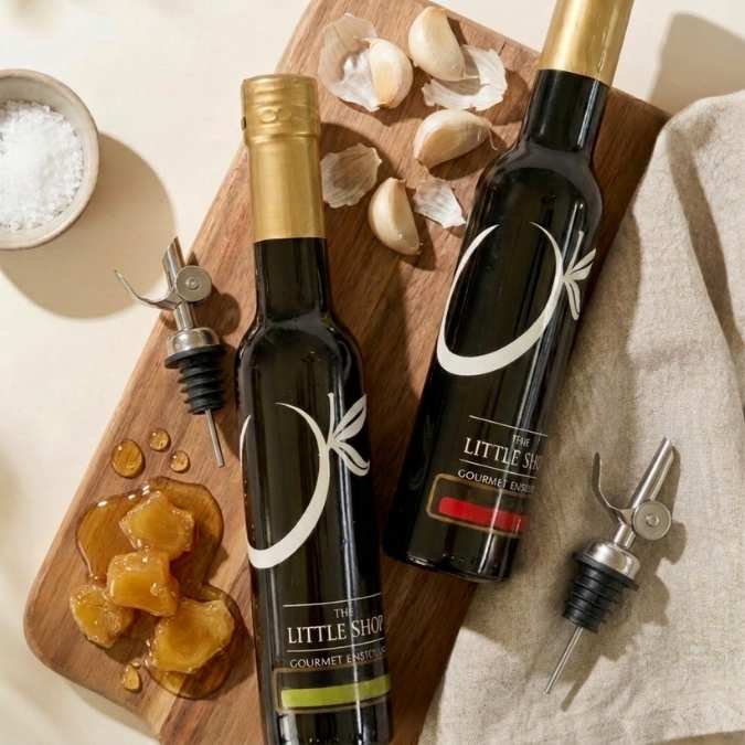 Two dark glass bottles of gourmet oil with gold caps and white logo graphics, arranged on a wooden cutting board with garlic cloves, honey, and pour spouts on a light neutral surface.