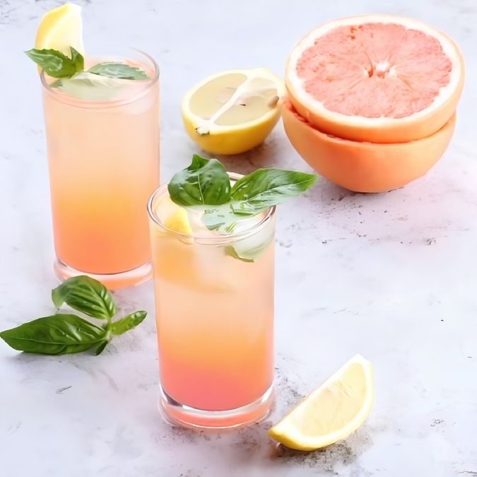 Two tall glasses of layered pink and orange citrus drink garnished with basil leaves, lemon slices, and grapefruit wheel, arranged on a light marble surface with fresh grapefruit and lemon wedges.