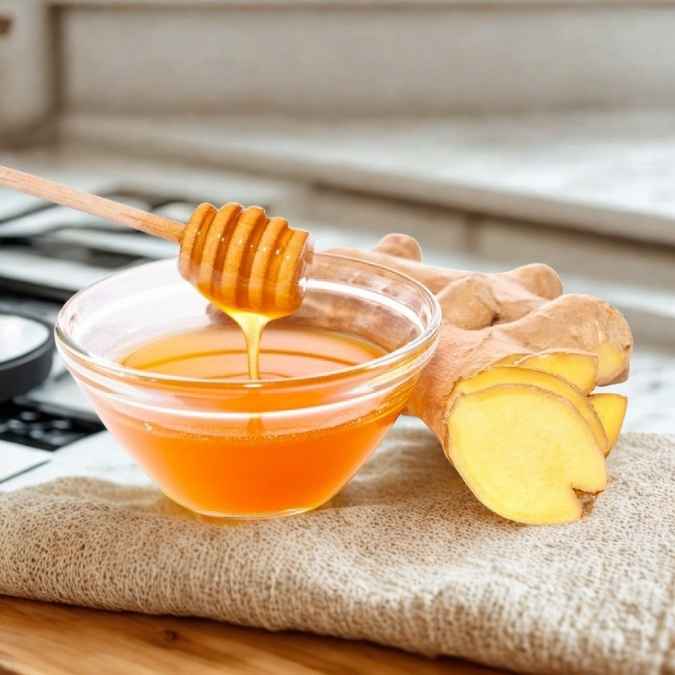 A small clear glass bowl filled with golden honey, with a wooden honey dipper resting above it and ginger root slices beside it on a beige cloth. The background is a softly blurred kitchen setting.