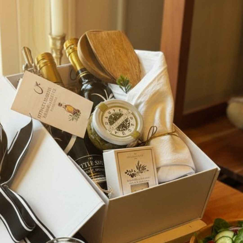 Gift box with wine, olive oil, and kitchen items on a wooden table.