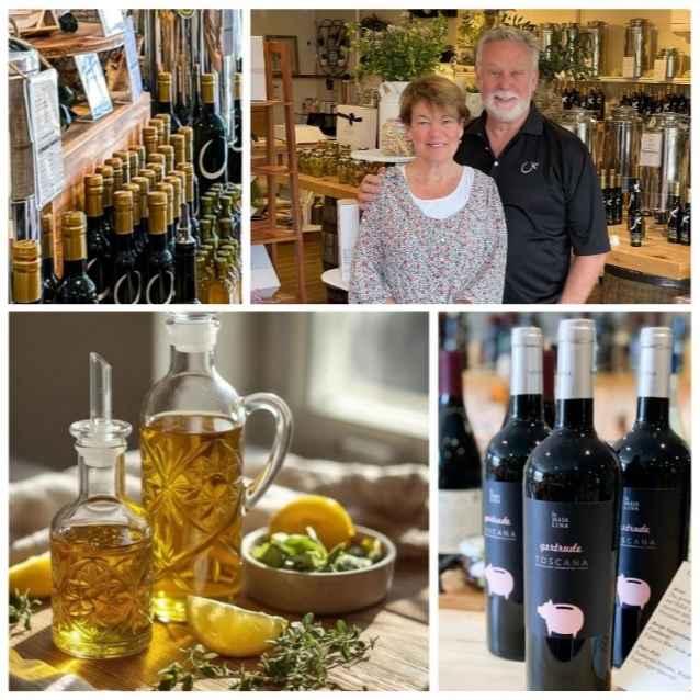 A four-panel collage showing bottles of olive oil and wine in a rustic shop setting, with a smiling couple standing behind glassware displays and a close-up of dark wine bottles with pink pig illustrations on the labels.