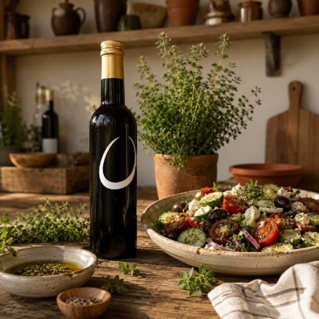 A dark glass bottle with a gold foil neck and a white crescent logo stands on a rustic wooden table beside a large bowl of fresh Mediterranean salad, with herbs, bowls, and shelves in the background.