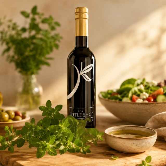 A dark glass bottle of olive oil with a gold cap and a white stylized leaf logo on the label, standing on a wooden surface with fresh herbs, a salad bowl, and small dishes in a warm, softly lit setting.