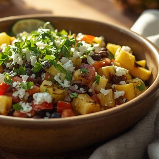 Pineapple Black Bean Salad in a rustic wooden bowl at The Little Shop of Olive Oils