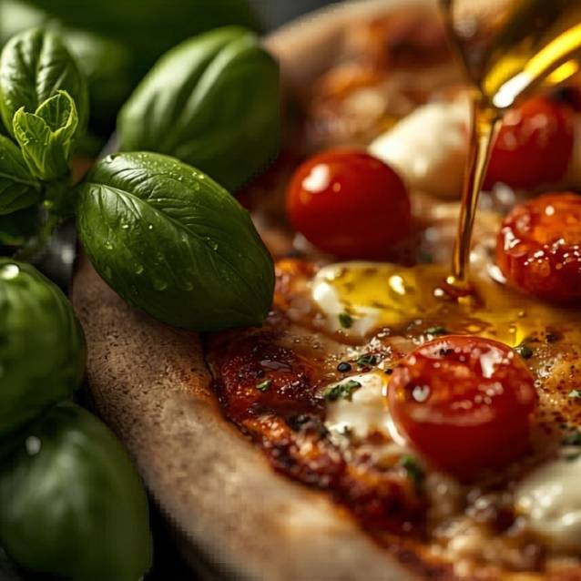 Close-up of a pizza topped with cherry tomatoes, mozzarella, herbs, and a drizzle of olive oil, with fresh basil leaves around it.