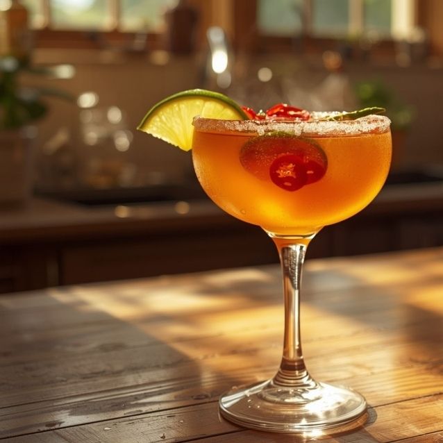 Orange cocktail with a lime wedge on a wooden table