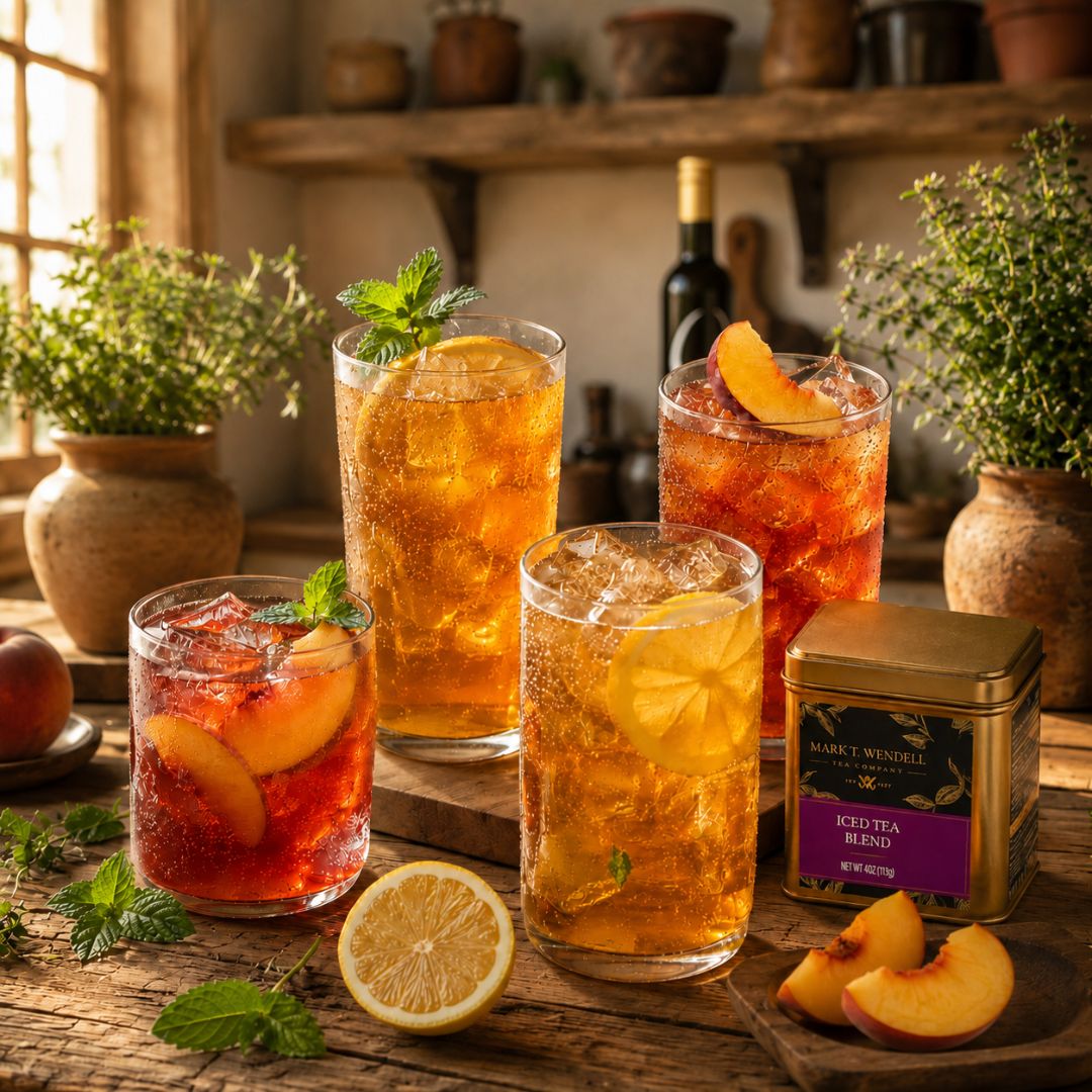 Three glasses of iced tea with peach slices and mint, arranged on a rustic wooden table beside a tin of Hart & Woodward Ice Tea Blend, with lemons, peaches, and potted plants in a warm kitchen setting.