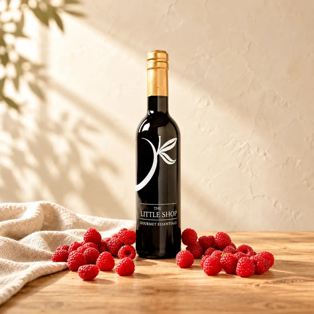 A dark glass bottle of Cascadian Raspberry White Balsamic Vinegar with a gold foil top, standing on a light wooden table next to fresh red raspberries and a folded linen cloth under soft leaf shadows at The Little Shop of Olive Oils.