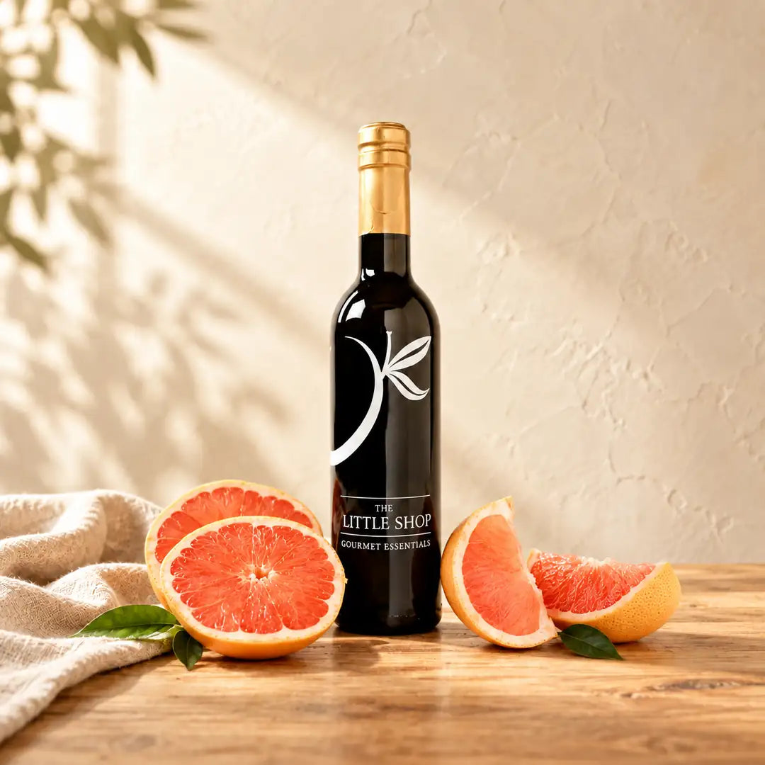 A dark glass bottle of Grapefruit White Balsamic Vinegar with a gold foil top and a white leaf logo, standing on a light wooden table next to fresh pink grapefruit slices and a folded linen cloth under soft leaf shadows at The Little Shop of Olive Oils.