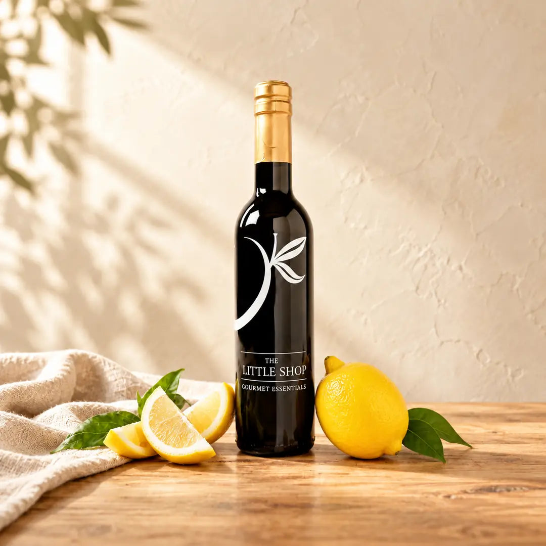 A dark glass bottle of Lemon Premium Olive Oil with a gold foil top and a white leaf logo, standing on a light wooden table next to fresh yellow lemons and a folded linen cloth under soft leaf shadows at The Little Shop of Olive Oils.