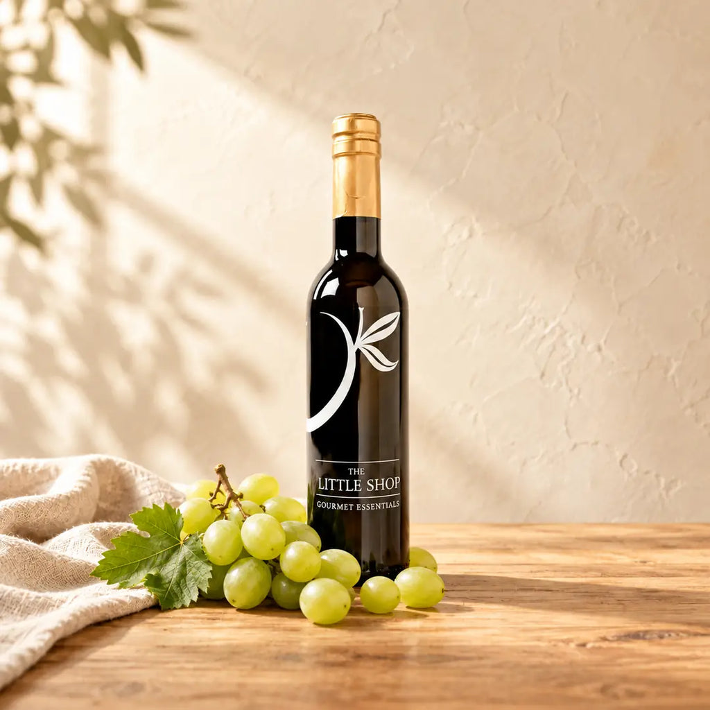A dark glass bottle of Ultra Premium White Balsamic Vinegar with a gold foil top and a white leaf logo, standing on a light wooden table next to a cluster of pale green grapes and a folded linen cloth under soft leaf shadows at The Little Shop of Olive Oils.