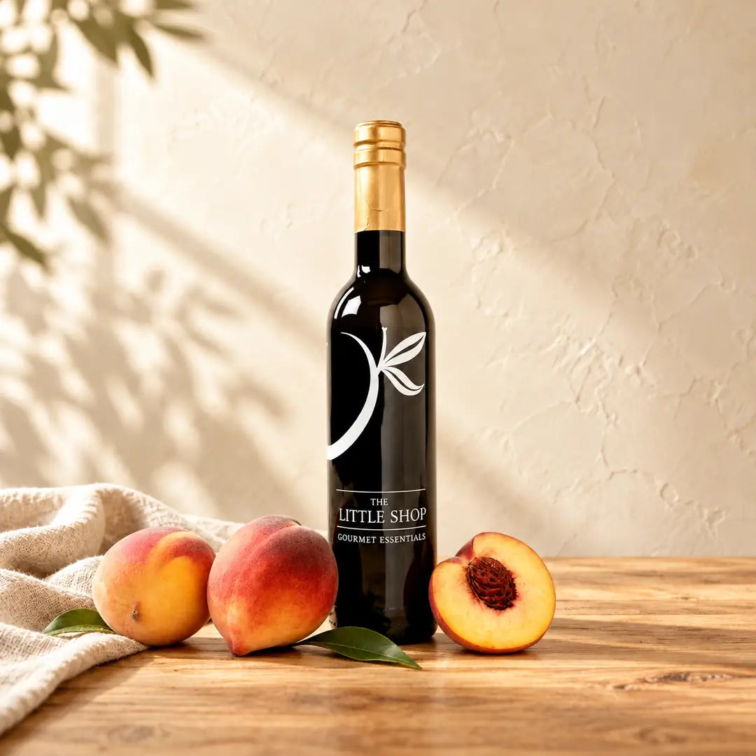 A dark glass bottle of Peach White Balsamic Vinegar with a gold foil top and a white leaf logo, standing on a light wooden table next to two whole peaches, one halved peach, and a folded linen cloth under soft leaf shadows at The Little Shop of Olive Oils.